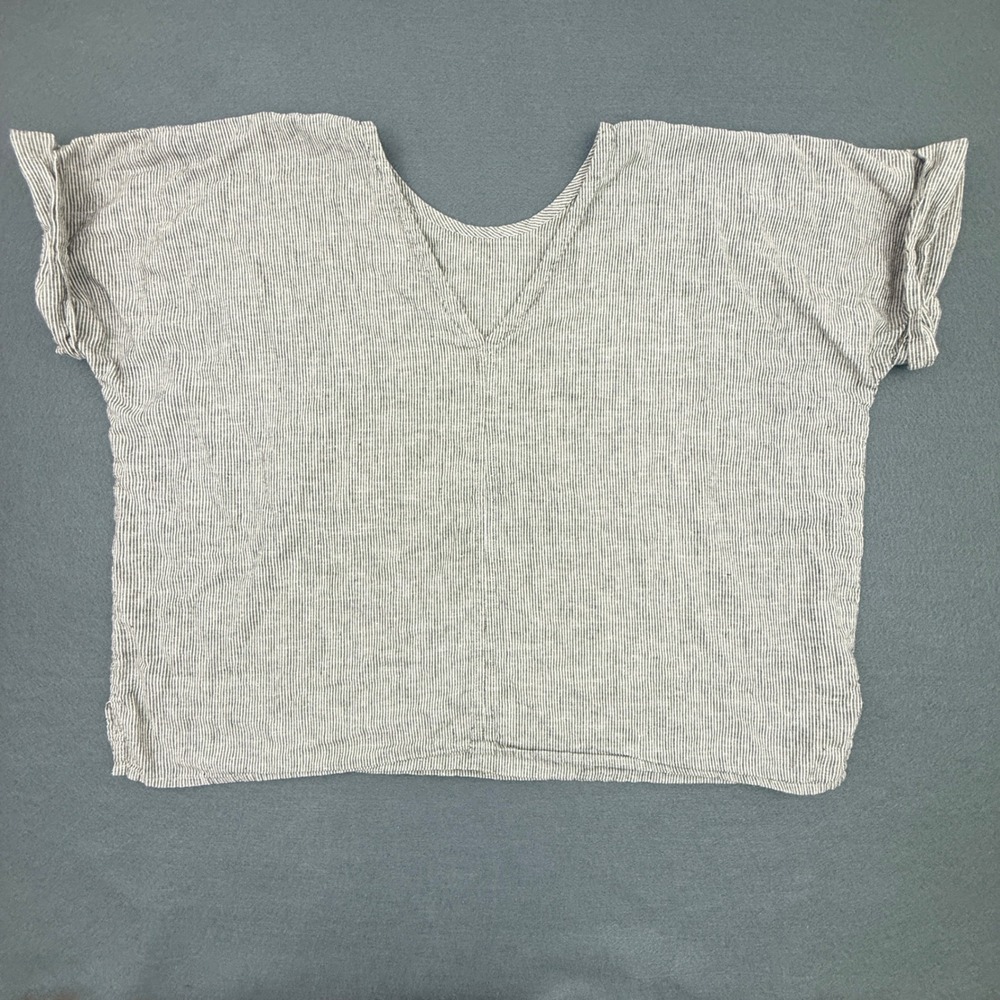 Pamut Apparel Top Womens Large Gray Striped‎ Linen V-Neck Short Sleeve Boxy